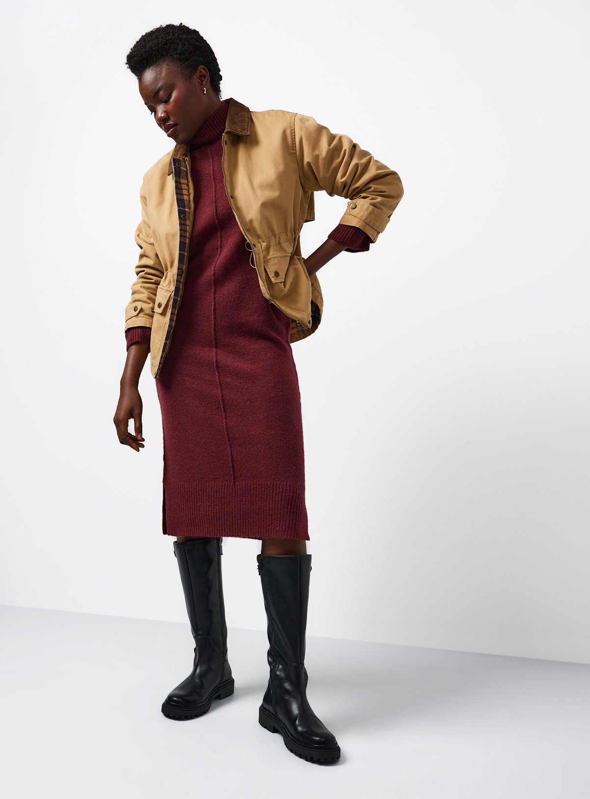 Dark Red High Neck Seam Detail Midi Knitted Dress S - Image 3 thumbnail